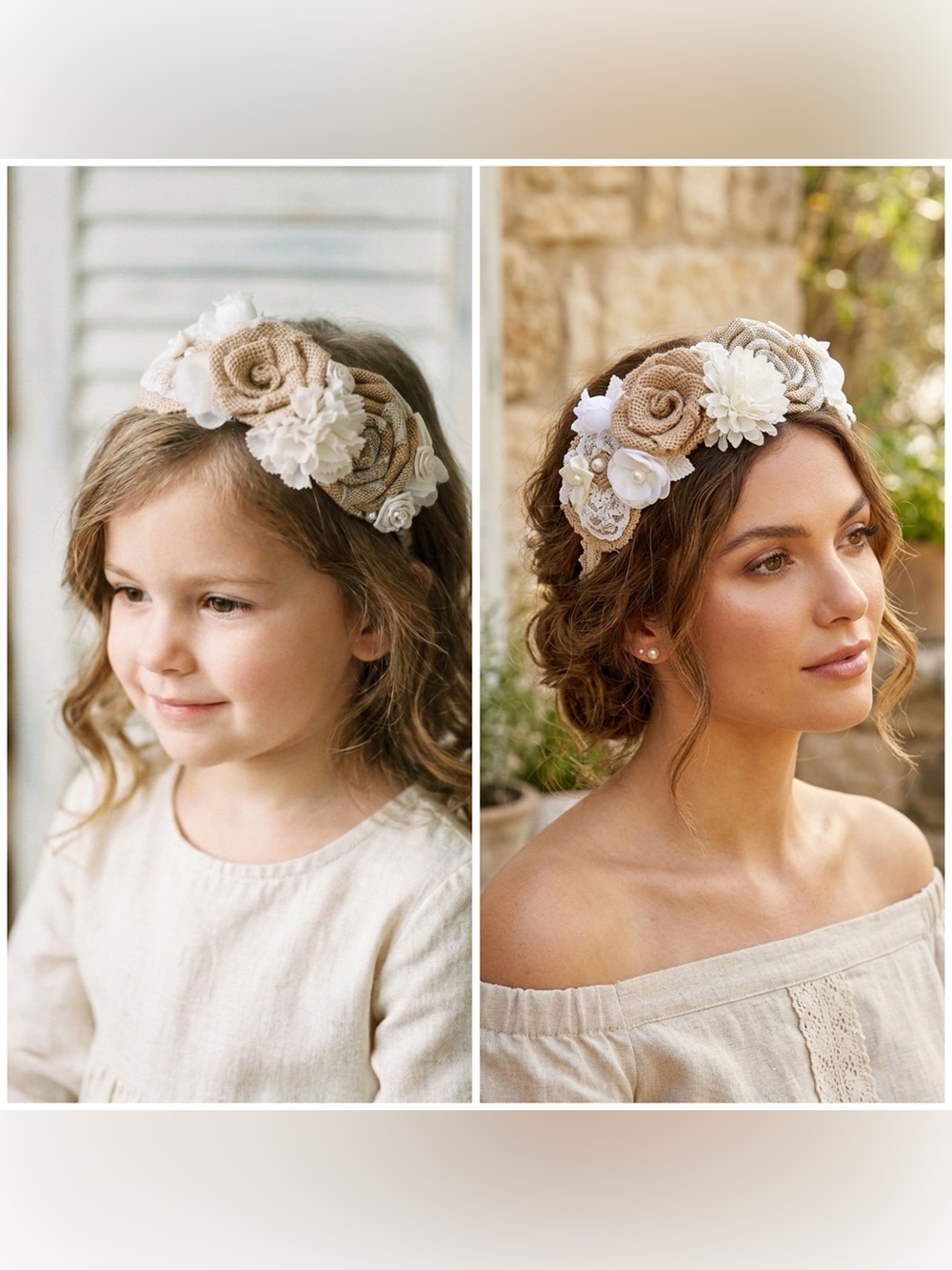 Rustic-Glam Burlap White Floral Headband cottagecore croquet chic